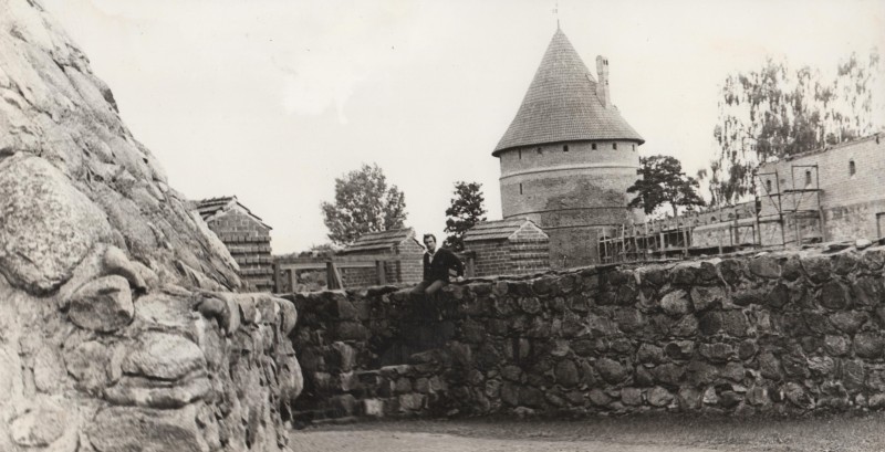 Фотографія. В. Івасюк. Сидить на кам’яному мурі. Тракайський замок біля Вільнюса. 1978 рік.