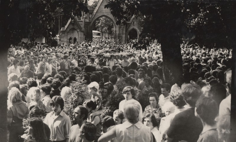 Фотографія. Похорон В. Івасюка. Несуть труну з квітами, трохи правіше видно дерево. Львів. 22 травня 1979 року.