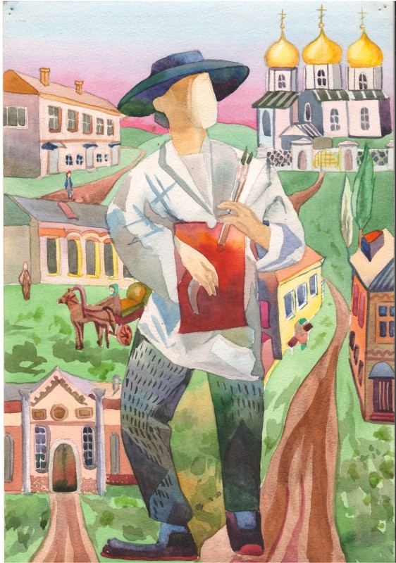 Малюнок «Творець-художник Олекса Грищенко йде вулицями рідного Кролевця. Початок ХХст»