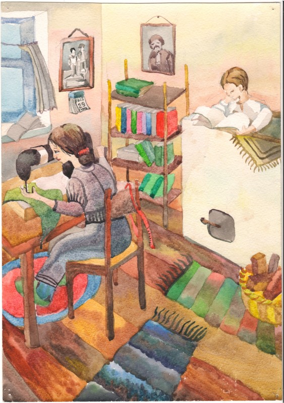 Малюнок «Лютий 1925р. Михайло Сереженко зі своєю матір’ю Анною Григорівною Сереженко. «Тоді я взяв томик  творів Пушкіна, зліз на теплу лежанку і почав читати….»