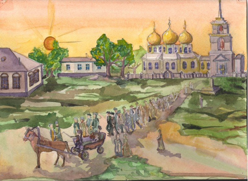 Малюнок  «Учні чоловічої гімназії перед початком навчального року отримували благословення у  церкві. Початок ХХст»