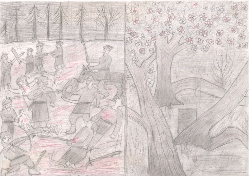 Малюнок «Буяє  чудо-яблунька на місці славнозвіснім, де битва з поляками запеклая велась»