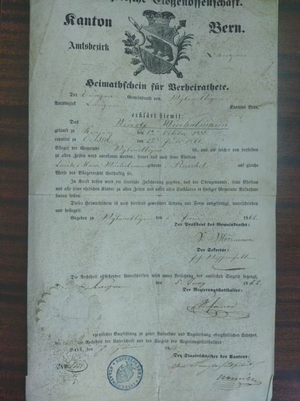 Свідоцтво швейцарське видане Рудольфу Мінгулманну в червні 1862 року №236 про перебування в Одесі