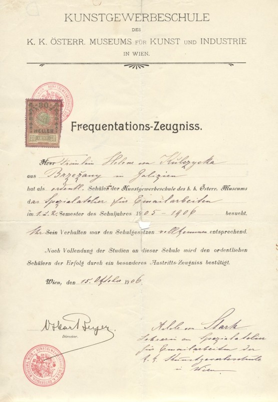 Свідоцтво про закінчення курсів емалі у 1905-1906 рр.