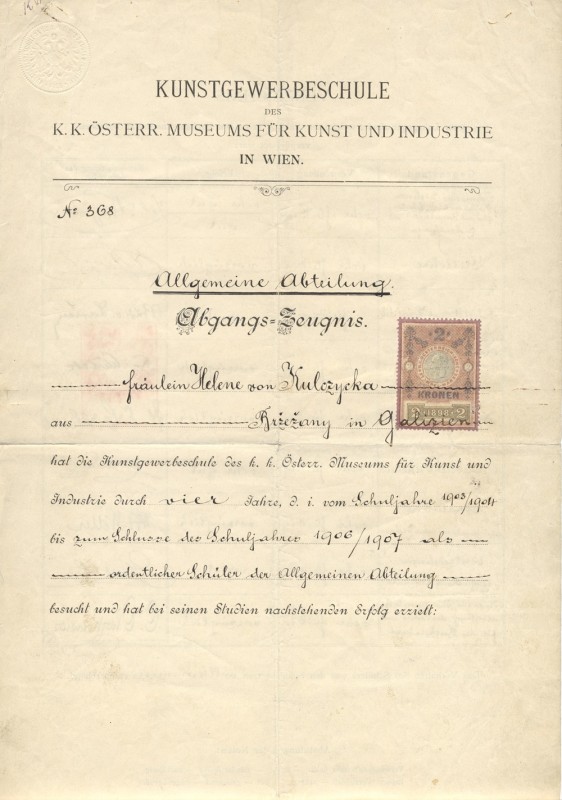 Свідоцтво Олени Кульчицької про закінчення Віденської художньо-промислової школи