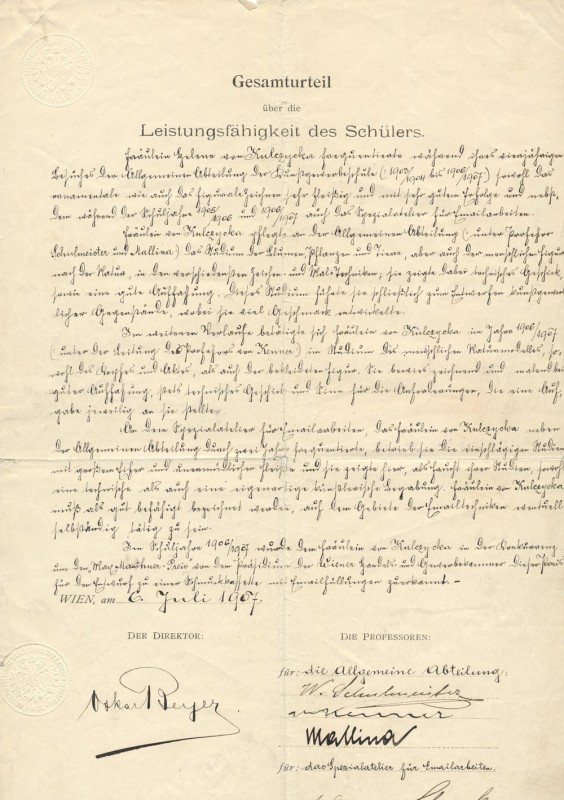 Свідоцтво про успішність Віденської художньо-промислової школи (1906-1907)