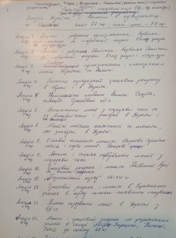 Програма лекційних занять із спецкурсу «Історія України і Волині в нумізматиці та боністиці».