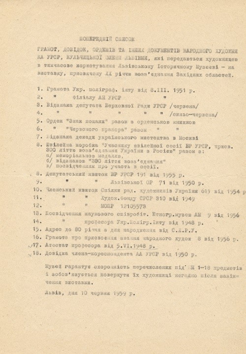 Попередній список грамот, довідок, нагород, переданих Історичному музею