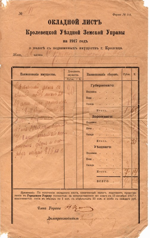 Документ. «Окладной листь № 41 Кролевецкой Уьздной Земской Управы на 1917 годь