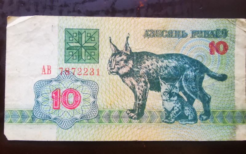 Розрахунковий білет Національного Банку Білорусії 10 рублів, АВ - 7872231, 1992 року
