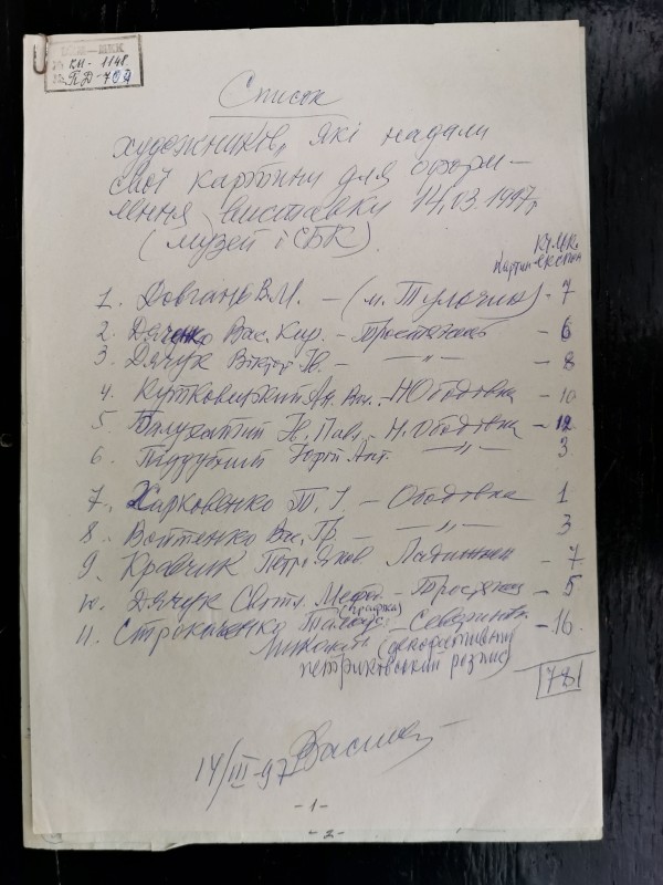 Список художників, вишивальниць, які взяли участь у виставці, організованій до 125-річчя з дня народження Олекси Новаківського 14.03. 1997 року