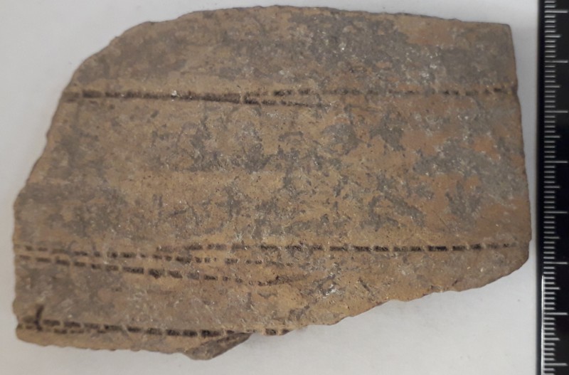 Фрагмент стінки ліпного сіроглиняного посуду жовтого кольору зовні.