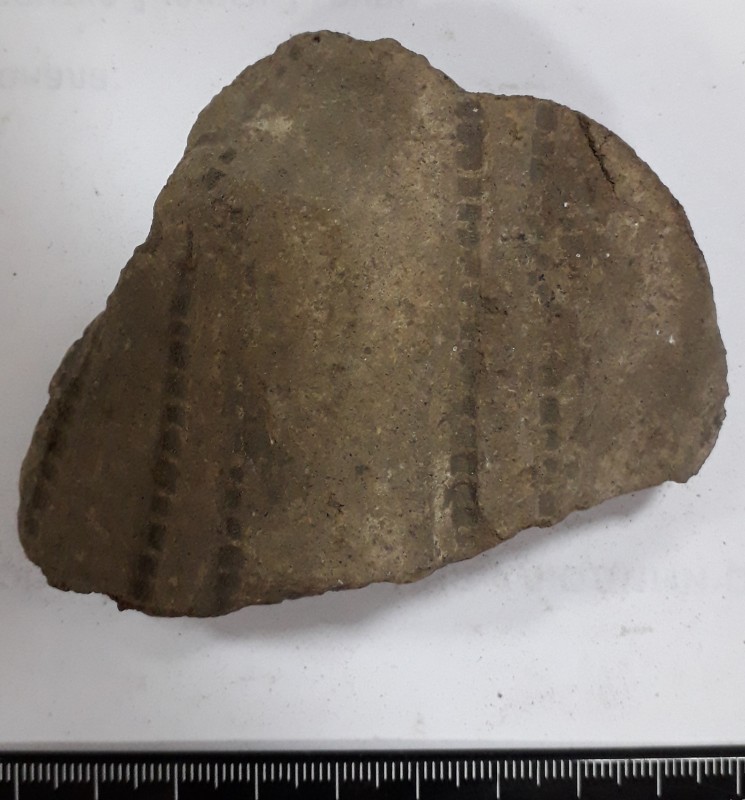 Фрагмент стінки сіроглиняного посуду, жовтого кольору зовні.