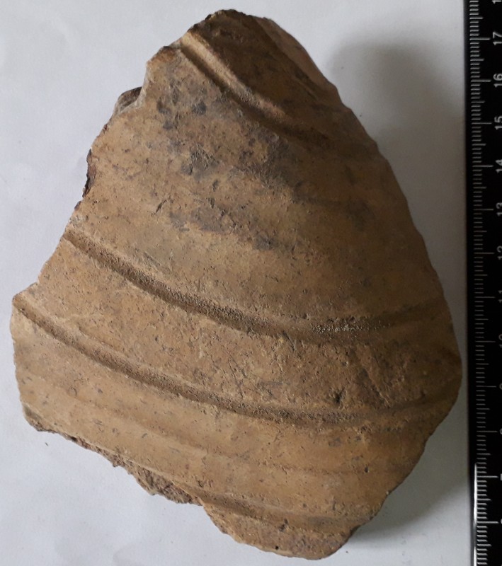 Фрагмент стінки сіроглиняного ліпного посуду.