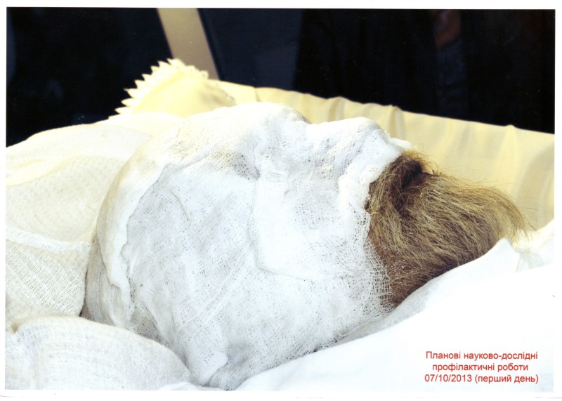 Фото. Автор - Кланца О.П. Планові науково-профілактичні роботи зі збереження набальзамованого тіла М. І. Пирогова 07.10.2013 р. Аплікація бальзамуючого розчину на тканини голови.