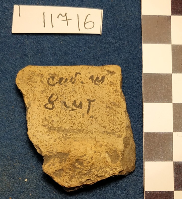 Фрагмент вінець  ліпної сіроглиняної посудини жовтого кольору ззовні