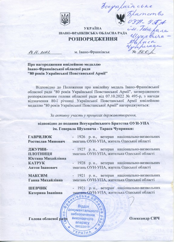 Розпорядження Івано-Франківської ОР від 14.11.2022 р. Про нагородження ювілейною медаллю ІФОР «80 р. УПА’