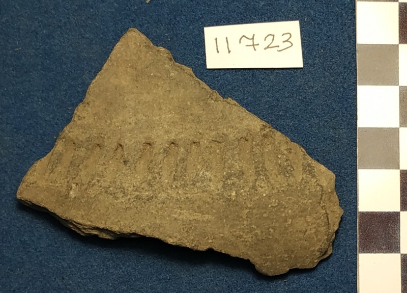 Фрагмент стінки ліпної сіроглиняної посудини (бронза?)