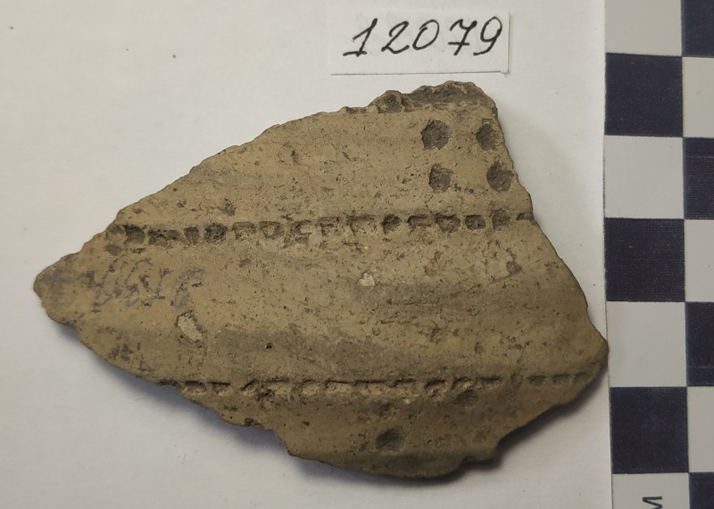 Фрагмент стінки ліпної сіроглиняної посудини жовтого кольору ззовні