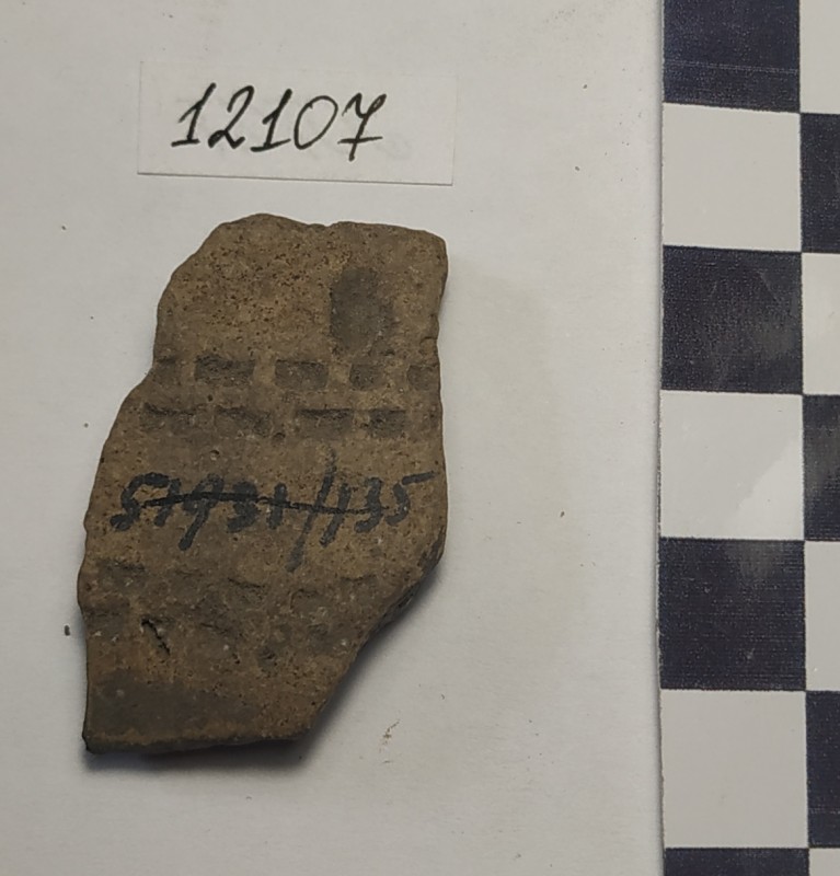 Фрагмент стінки ліпної сіроглиняної посудини жовтого кольору ззовні