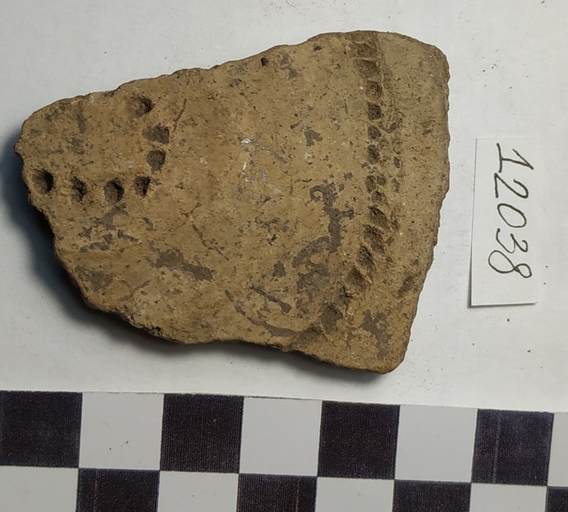 Фрагмент стінки ліпної сіроглиняної посудини, жовтого кольору ззовні