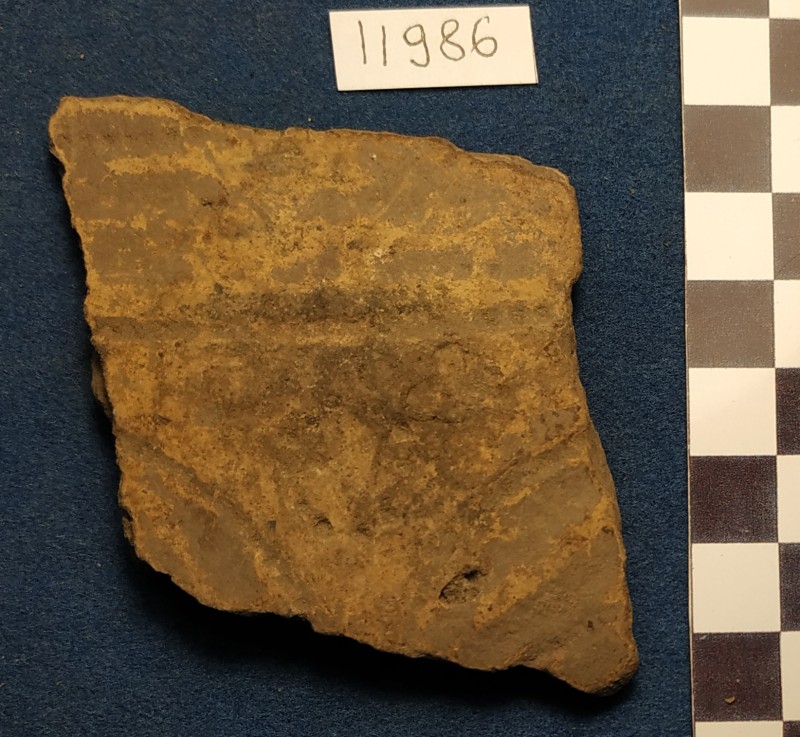 Фрагмент стінки ліпної сіроглиняної посудини жовтого кольору ззовні