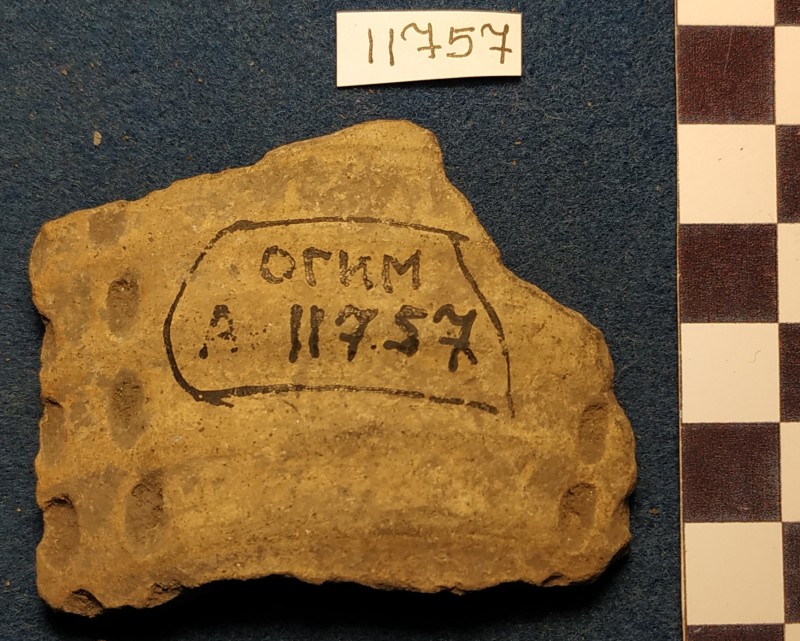 Фрагмент стінки ліпної сіроглиняної посудини жовтого кольору ззовні