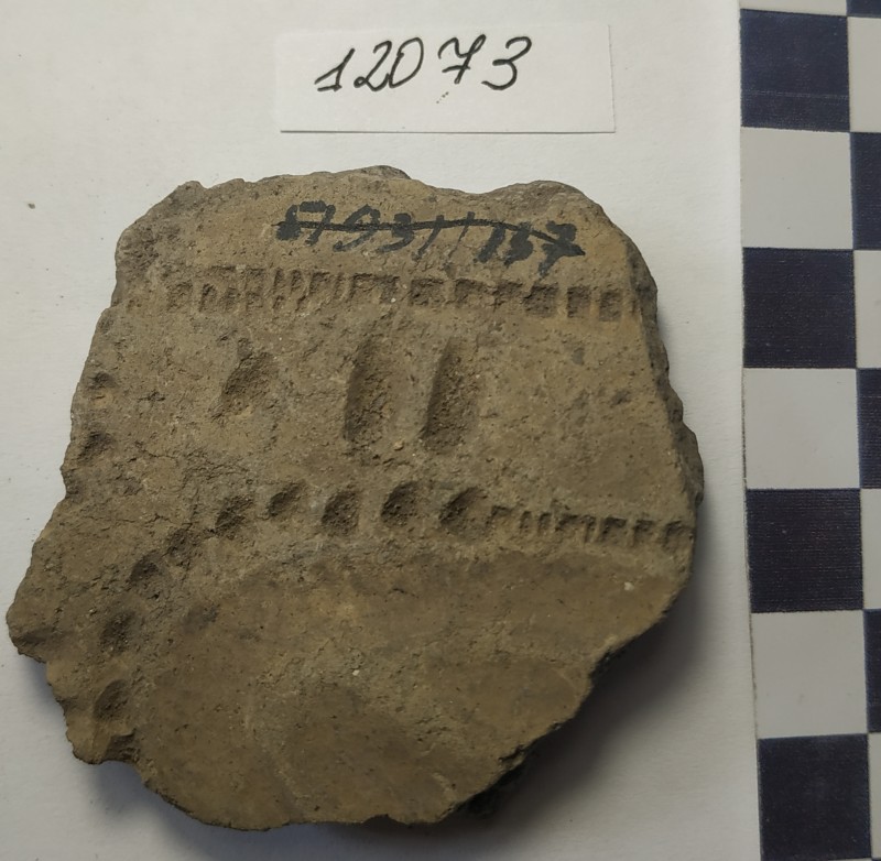 Фрагмент стінки ліпної сіроглиняної посудини жовтого кольору ззовні