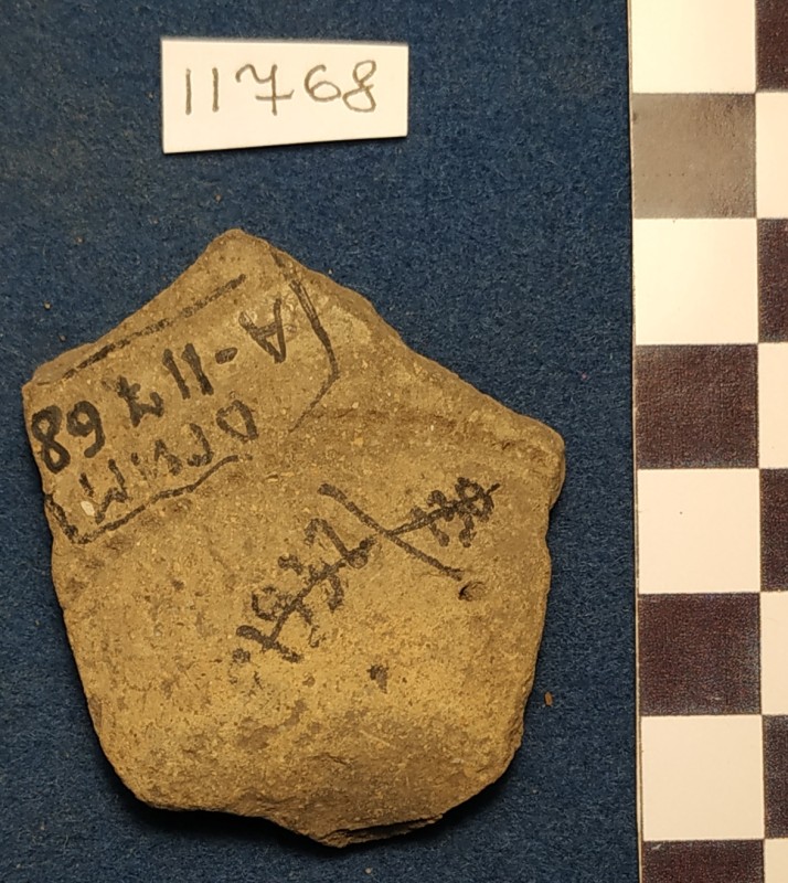 Фрагмент дна і придонної частини ліпної сіроглиняної посудини жовтого кольору ззовні