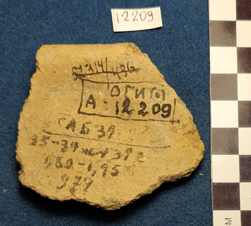 Фрагмент стінки ліпної сіроглиняної посудини жовтого кольору ззовні