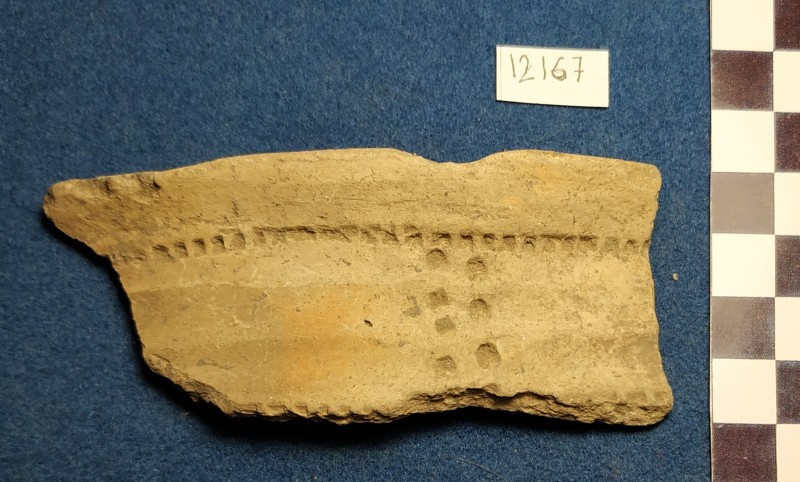 Фрагмент вінець (піддону фруктовниці?) ліпної сіроглиняної посудини жовтого кольору ззовні