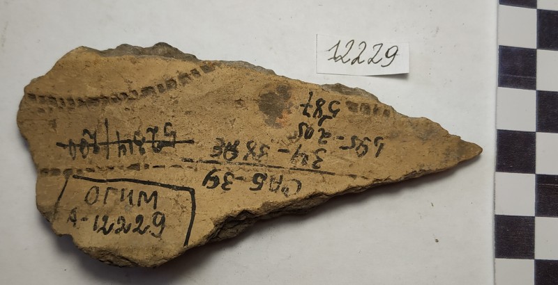 Фрагмент стінки ліпної сіроглиняної посудини жовтого кольору ззовні