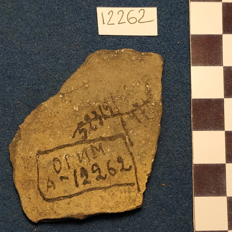 Фрагмент вінець ліпної сіроглиняної посудини жовтого кольору ззовні