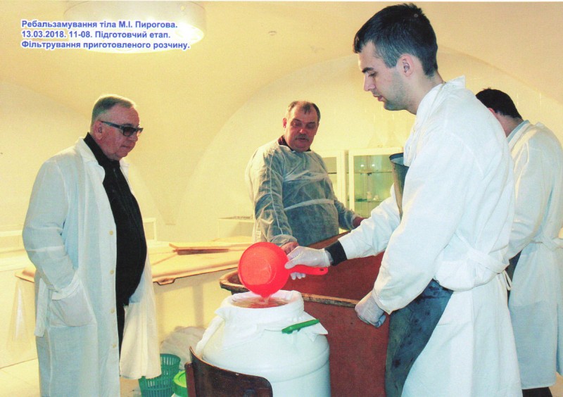 Фотографія. Ребальзамування тіла М.І.Пирогова. 13.03.2018. 11-08. Підготовчий етап. Фільтрування приготовленого розчину.