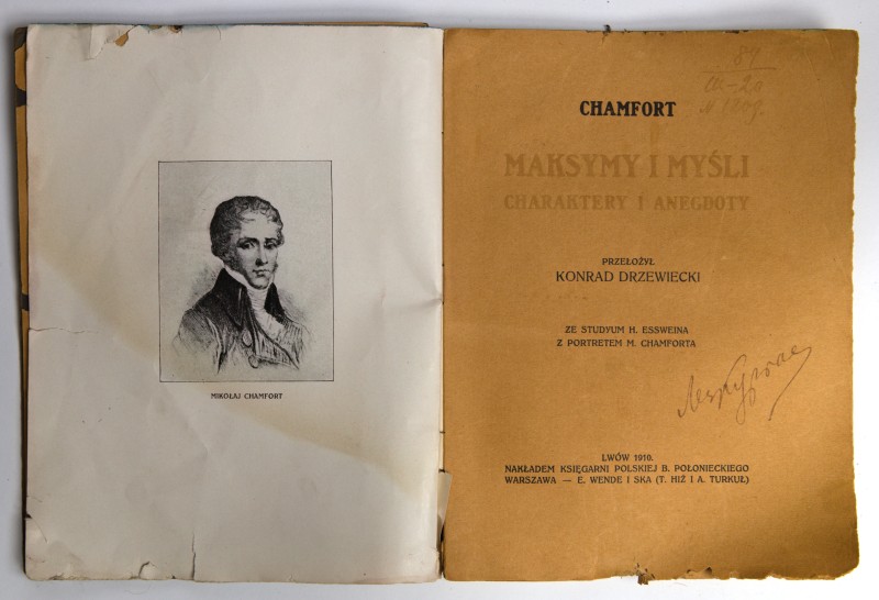 Книга польською мовою. MIKOŁAJ CHAMFORT. MAKSYMY I MYŚLI  CHARAKTERY I ANEGDOTY. Належала Лесю Курбасу