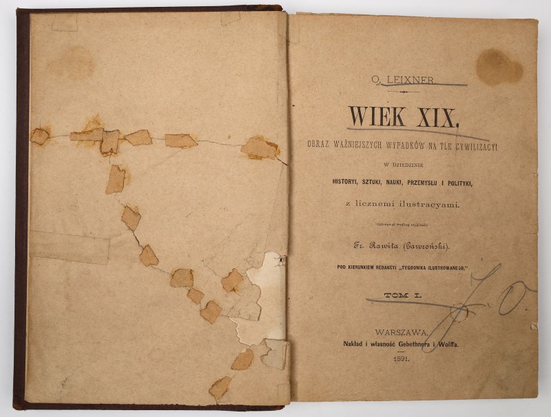 Книга польською мовою. О.Leixner "Wiek XIX/ Obraz wazniejszuh wypadkow na tle cywilizacyi" Tom I. Належала Лесю Курбасу.