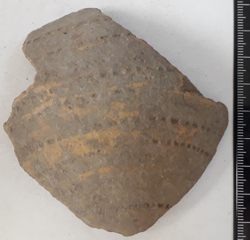 Фрагмент стінки ліпної сіроглиняної посудини, жовтого кольору зовні