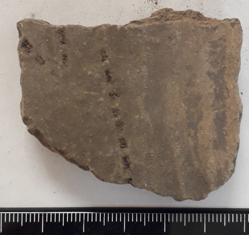 Фрагмент стінки ліпної сіроглиняної посудини, жовтого кольору назовні