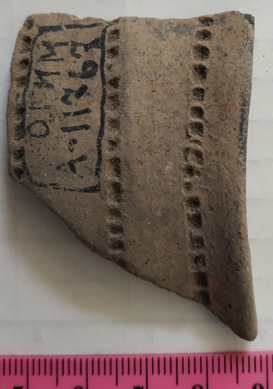 Фрагмент вінця ліпної сіроглиняної посудини, жовтого кольору зовні