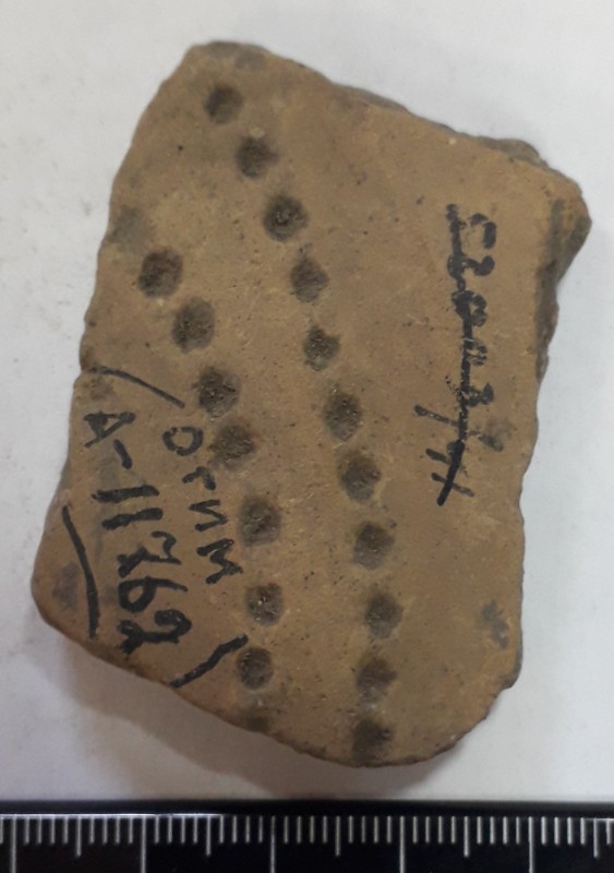 Фрагмент стінки ліпної сіроглиняної посудини, жовтого кольору зовні