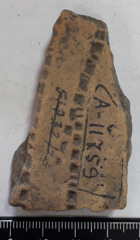 Фрагмент стінки ліпної сіроглиняної посудини, жовтого кольору зовні