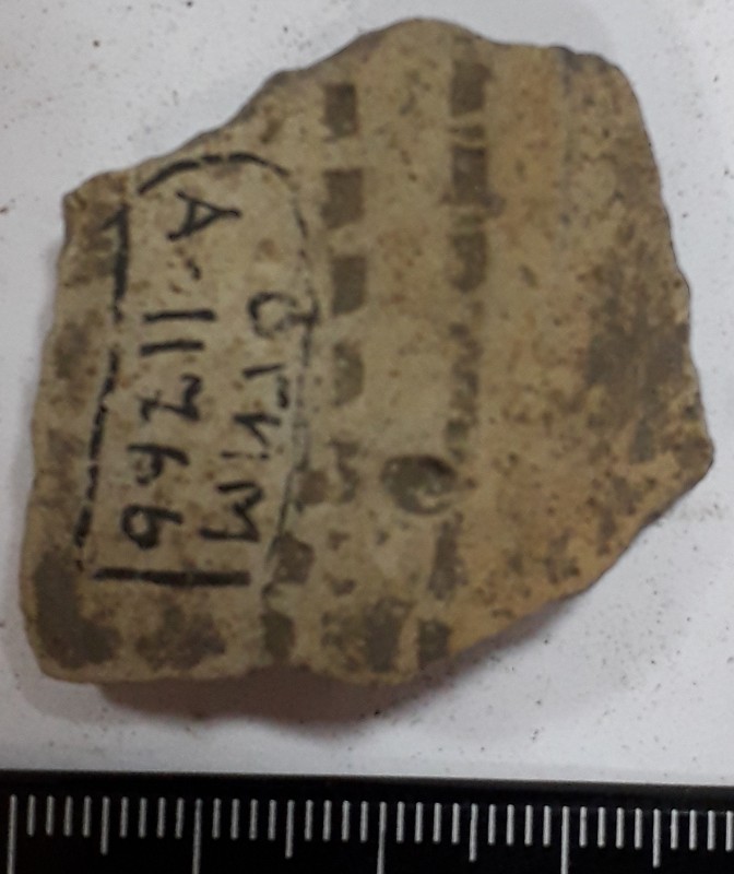 Фрагмент стінки ліпної сіроглиняної посудини, жовтого кольору зовні