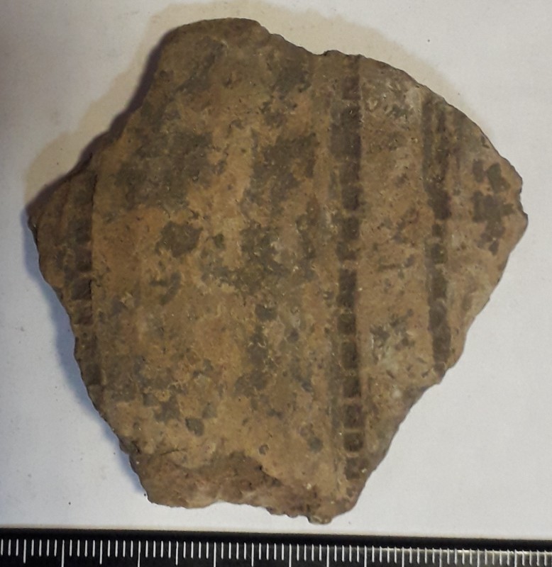 Фрагмент стінки великої ліпної сіроглиняної посудини, жовтого кольору зовні