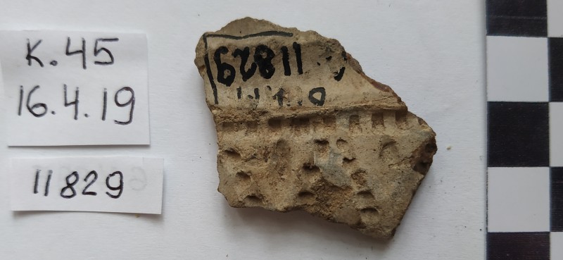 Фрагмент стінки ліпної сіроглиняної посудини бежевого кольору назовні