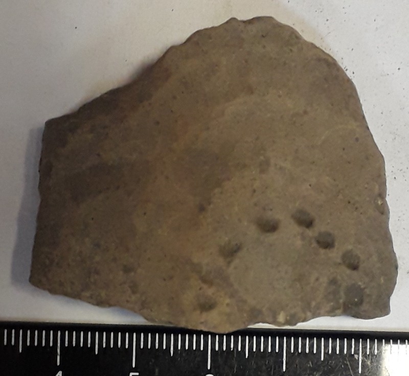 Фрагмент стінки ліпної сіроглиняної посудини, жовтого кольору назовні