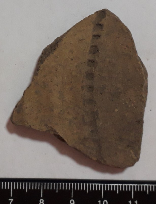 Фрагмент стінки ліпної сіроглиняної посудини, жовтого кольору назовні