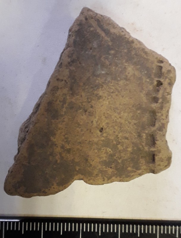 Фрагмент стінки ліпної сіроглиняної посудини, жовтого кольору назовні