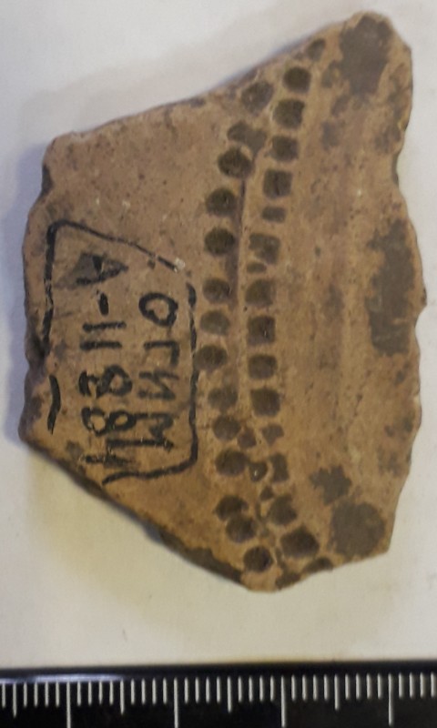 Фрагмент стінки ліпної сіроглиняної посудини, жовтого кольору назовні