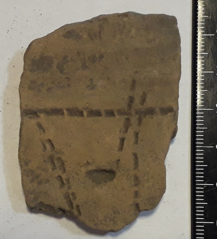 Фрагмент стінки ліпної сіроглиняної посудини, жовтого кольору назовні.