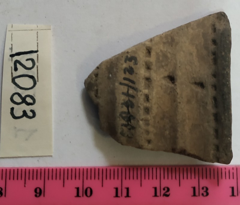 Фрагмент вінця ліпної сіроглиняної посудини жовтого кольору назовні